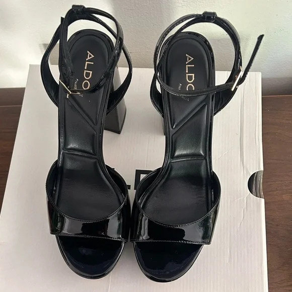 Aldo Glossy Black Heeled Sandals - Picture 5 of 10